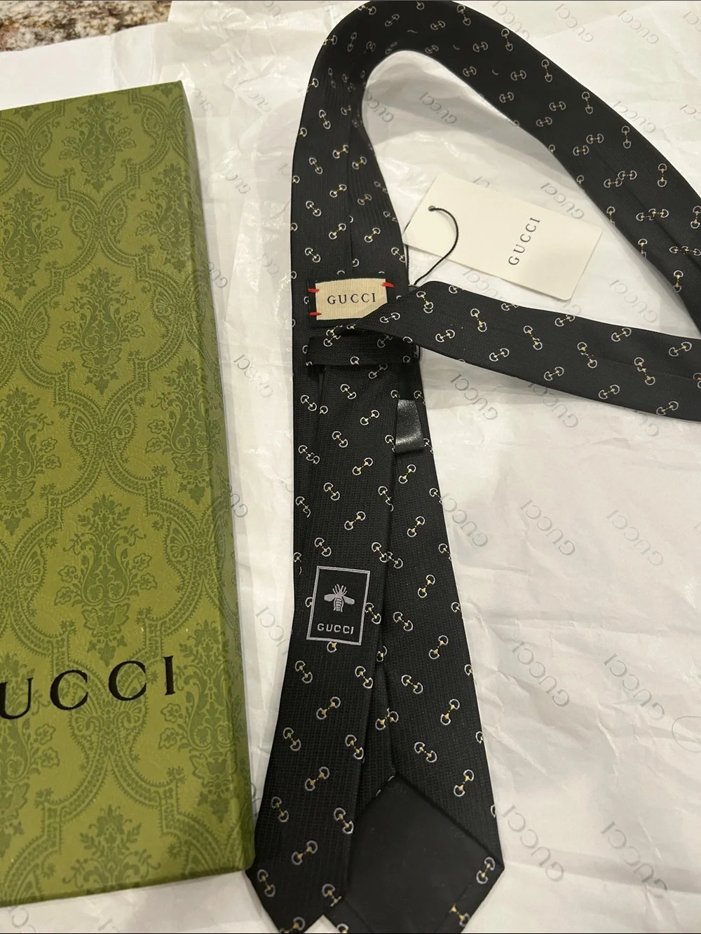 Gucci Black Silk Tie with Mini GG Chain Motif
